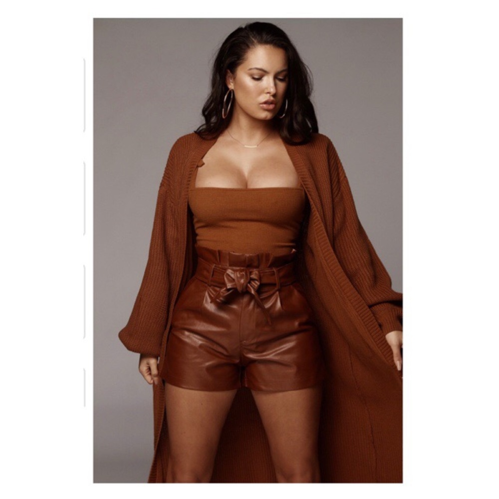 JLUXLABEL Brown faux leather tie waist shorts